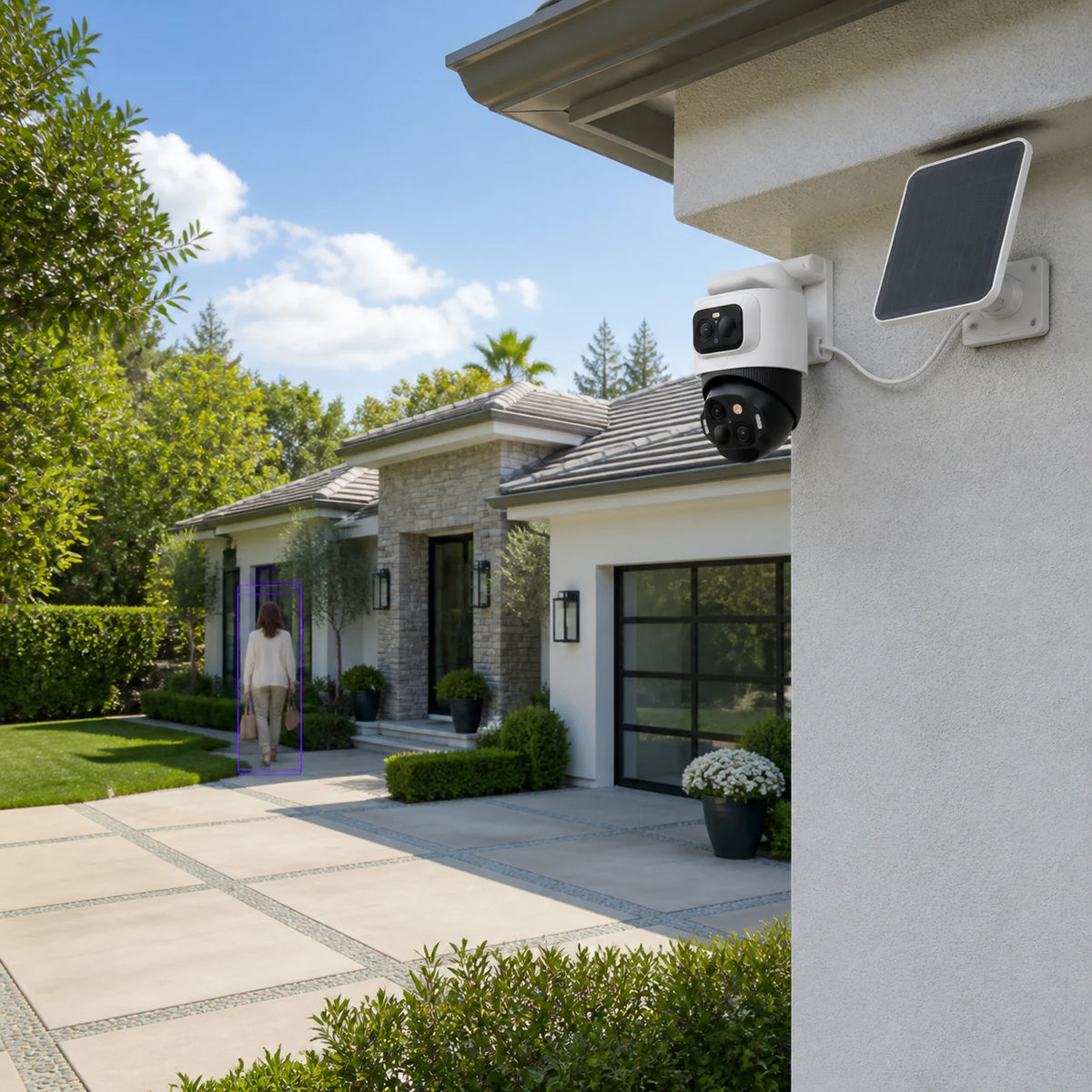 EufyCam S4 and solar panel monitoring a residential entrance with wide context and tracked detail