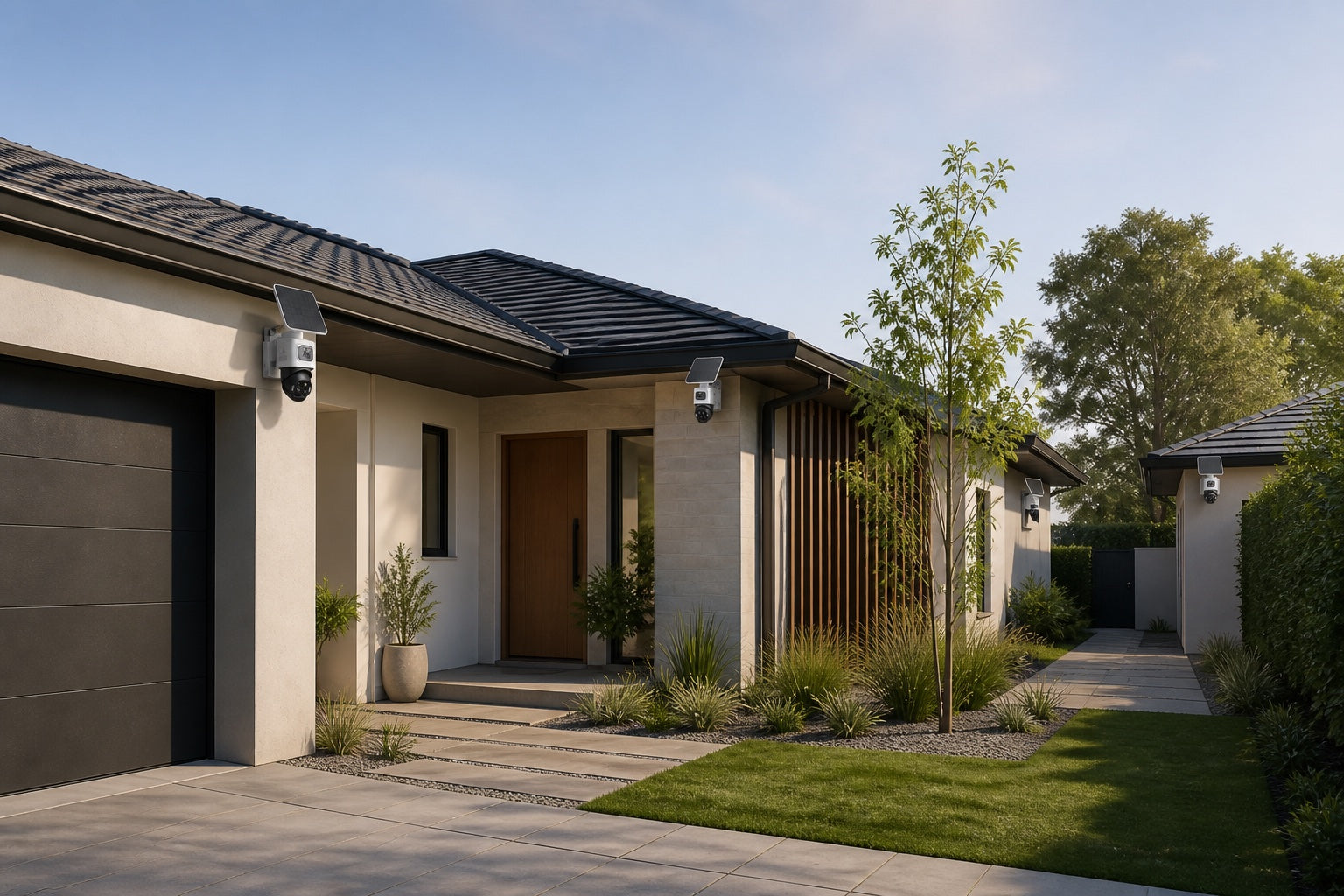 Modern residence with four plausible eufyCam S4 placement zones