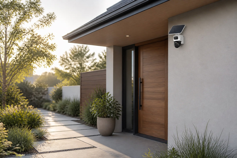 eufyCam S4 mounted beside a modern front entry