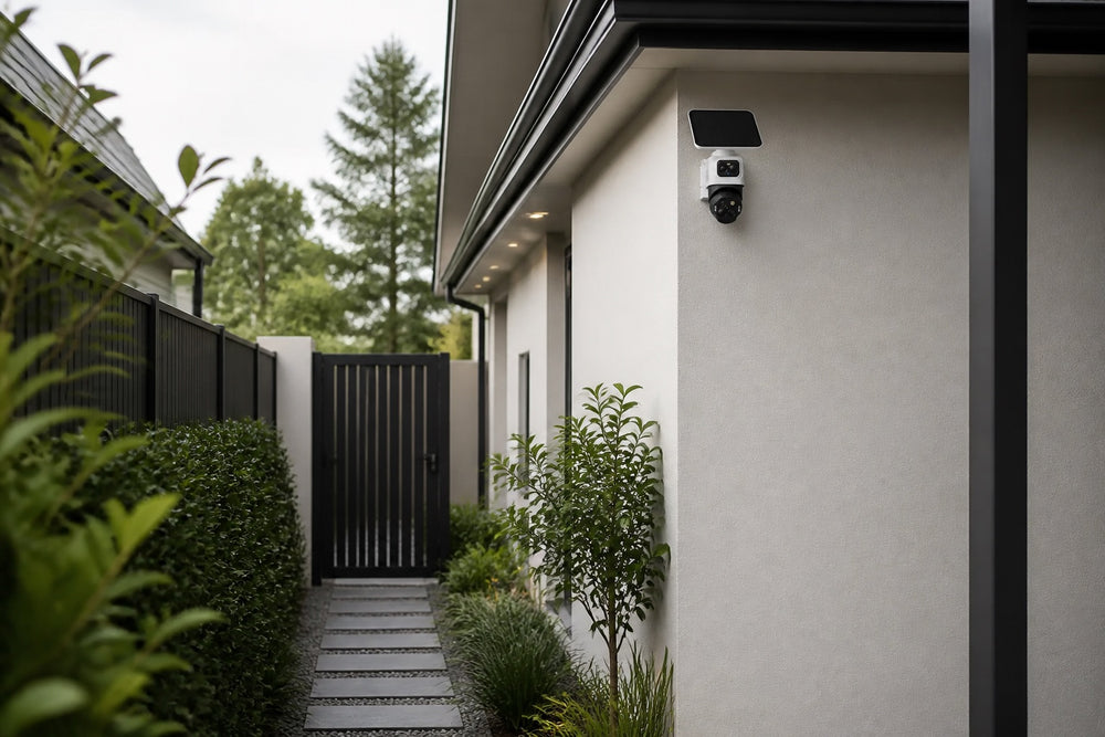 eufyCam S4 mounted along a landscaped side path and gate