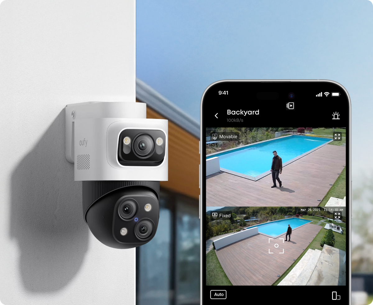 PoE Cam S4 beside a phone showing fixed and movable views of a backyard pool area