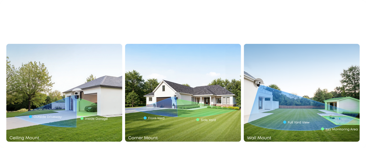 PoE Cam S4 mounting examples for ceiling, corner, and wall placement around a home