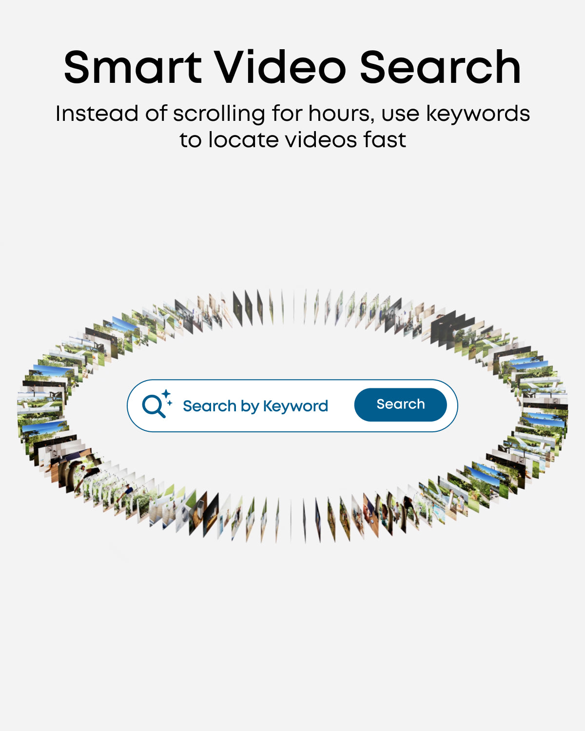 Smart Video Search illustration with a keyword search field surrounded by recorded video frames