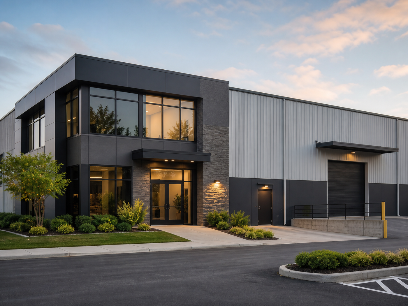 Small commercial building with parking and service approaches