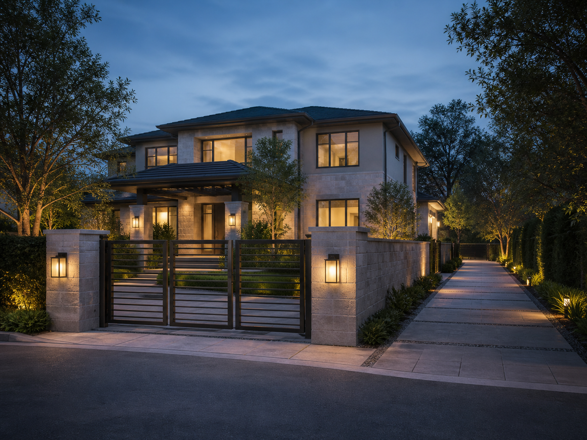 Large contemporary residence at blue hour with multiple exterior approaches