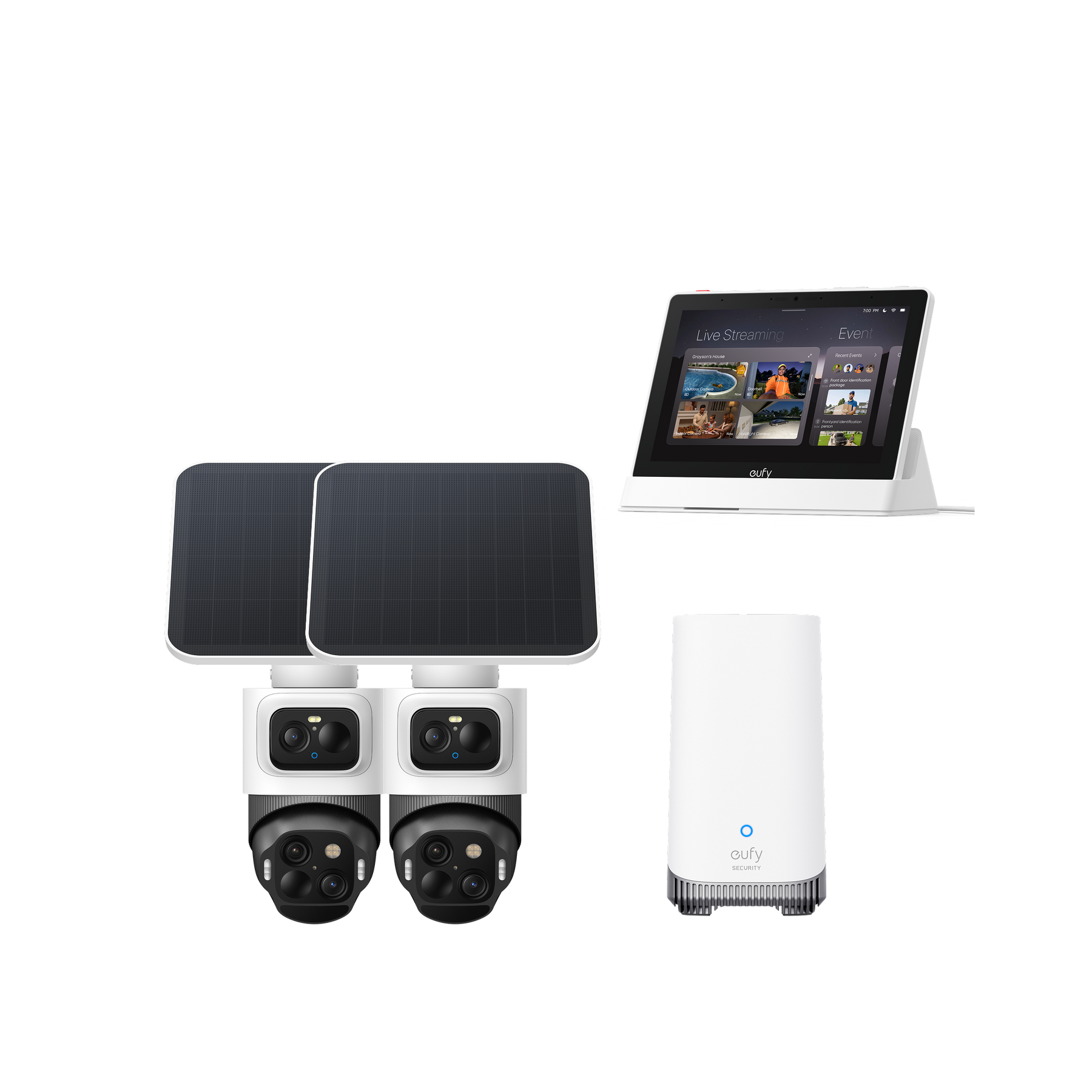 eufyCam S4 two-camera kit with solar panels, HomeBase S380, and Smart Display E10