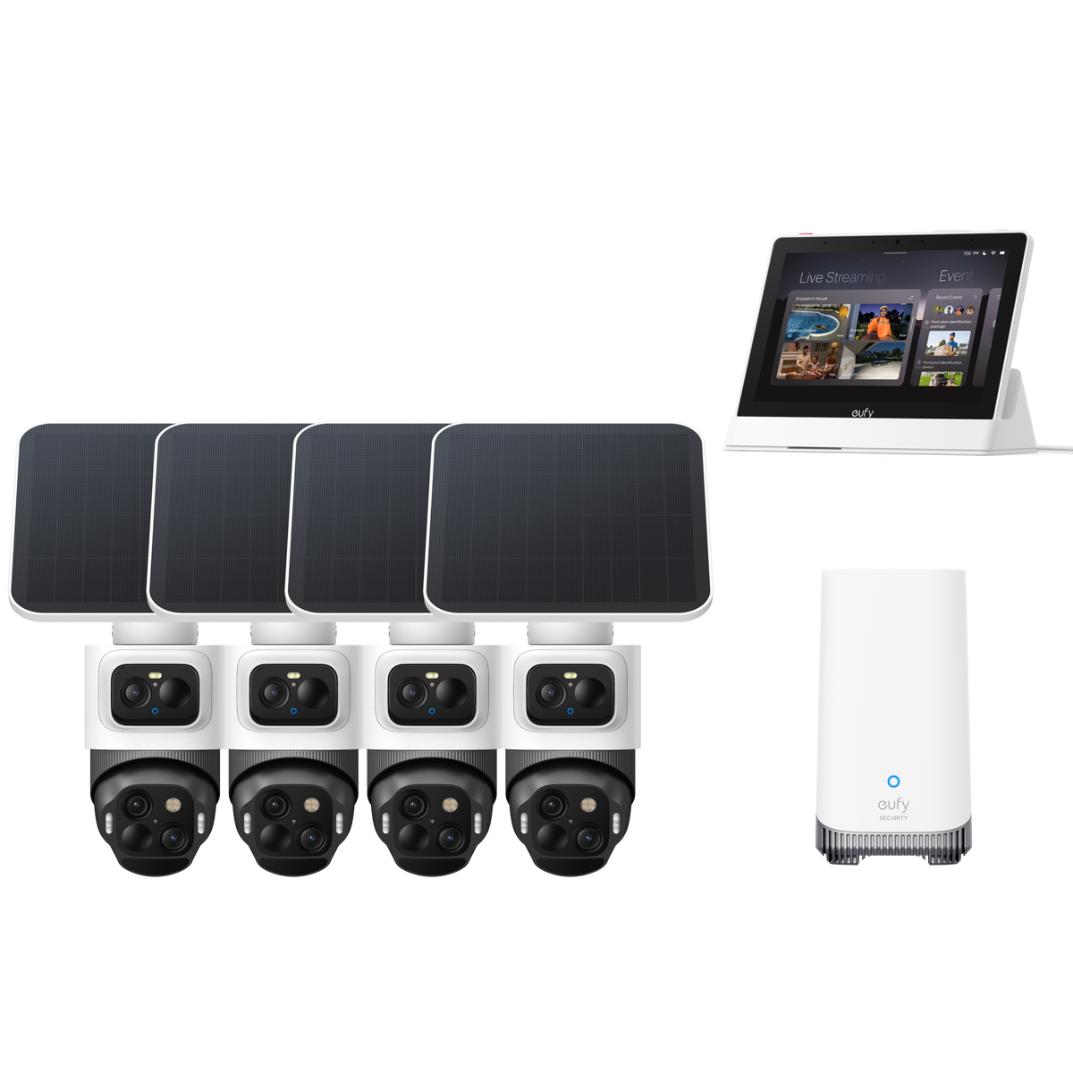 Four eufyCam S4 cameras with four solar panels, HomeBase S380, and Smart Display E10