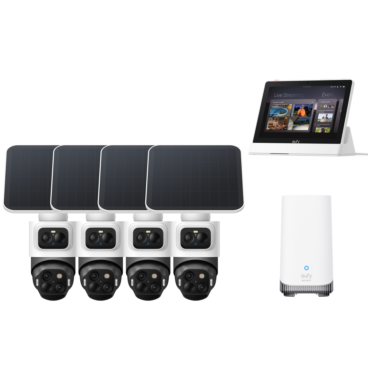 Four eufyCam S4 cameras with four solar panels, HomeBase S380, and Smart Display E10