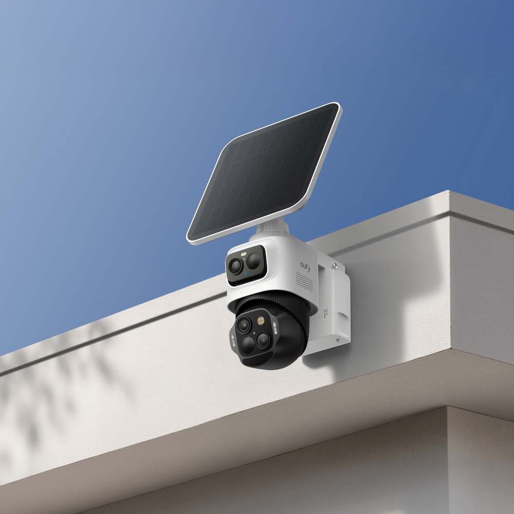 eufyCam S4 with integrated SolarPlus 2.0 panel mounted on a modern exterior