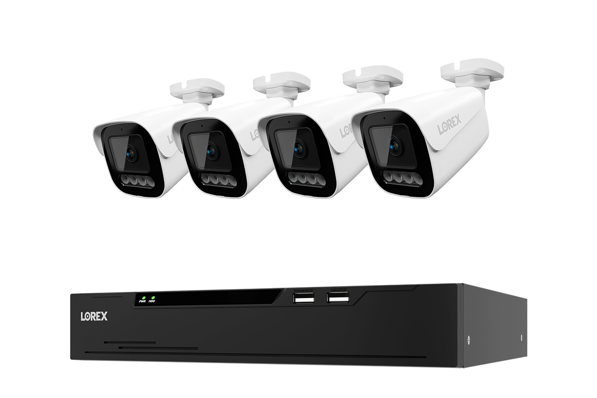 4 white Lorex X3 bullet cameras with one black 8-channel 2TB NVR — CNX3-BW4-8CH2T