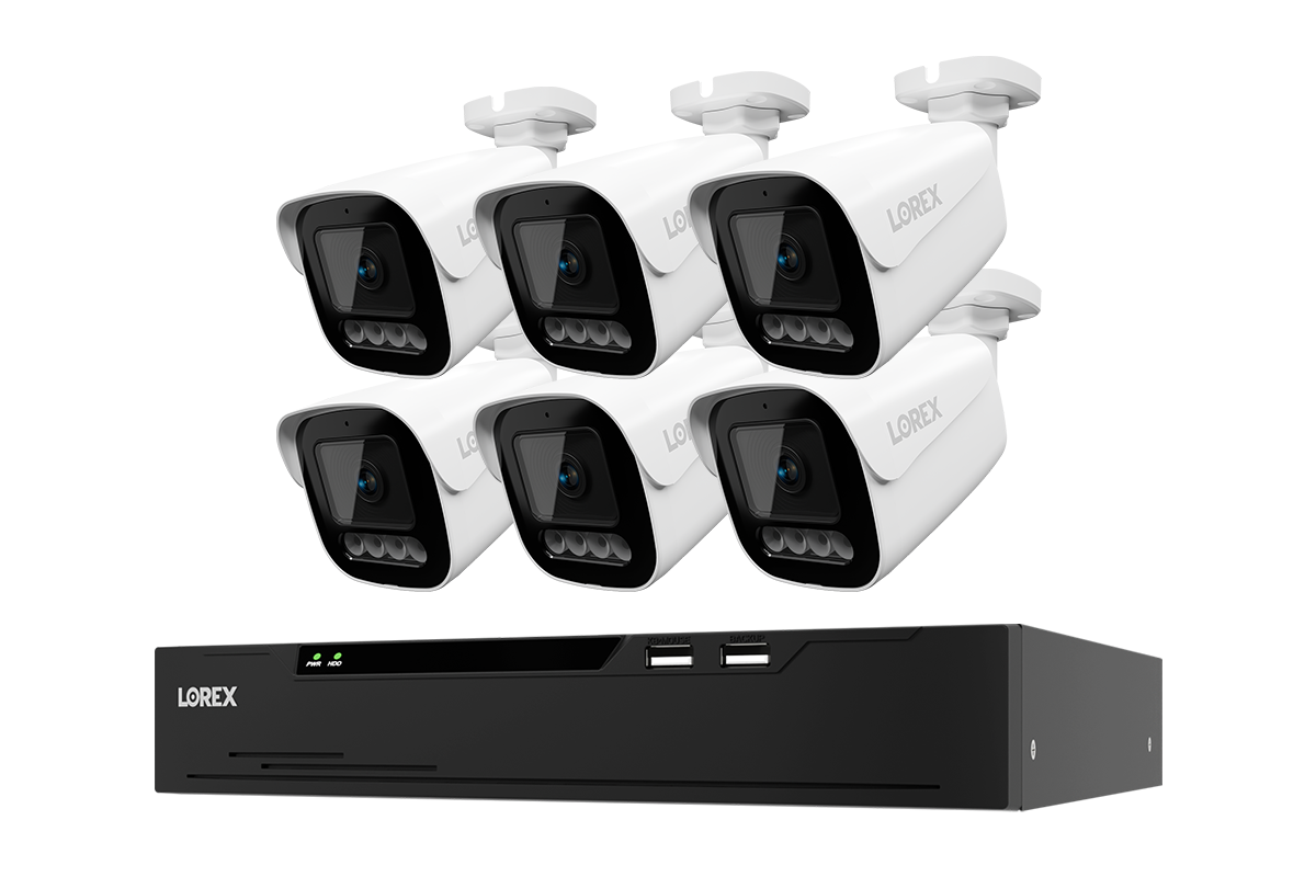 6 white Lorex X3 bullet cameras with one black 8-channel 2TB NVR — CNX3-BW6-8CH2T