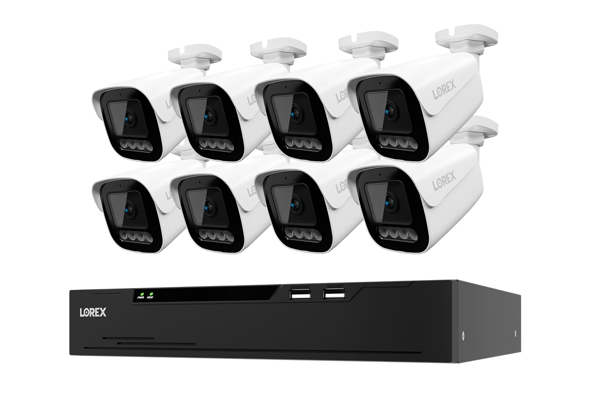 8 white Lorex X3 bullet cameras with one black 8-channel 2TB NVR — CNX3-BW8-8CH2T