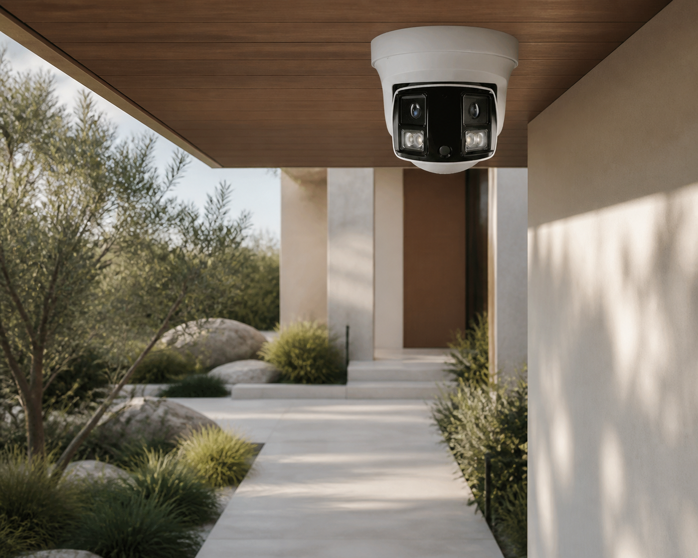 Lorex X3 dual-lens turret camera installed at a luxury property entrance