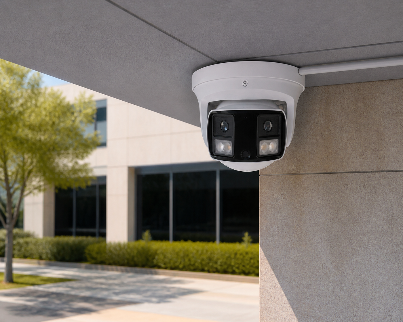 Lorex X3 dual-lens turret camera in a professional commercial exterior installation