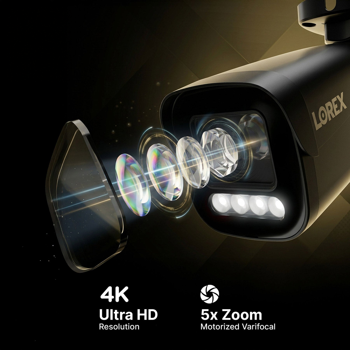 Black Lorex X3 bullet camera lens diagram showing 4K resolution and 5× motorized optical zoom