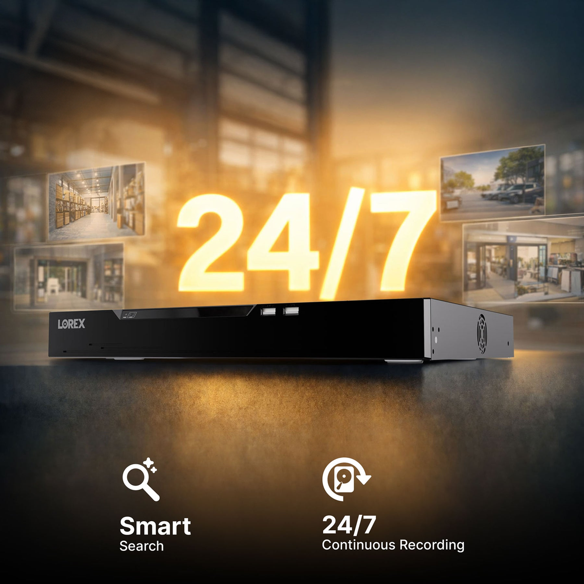 Lorex XC recorder feature graphic for continuous recording and Smart Search