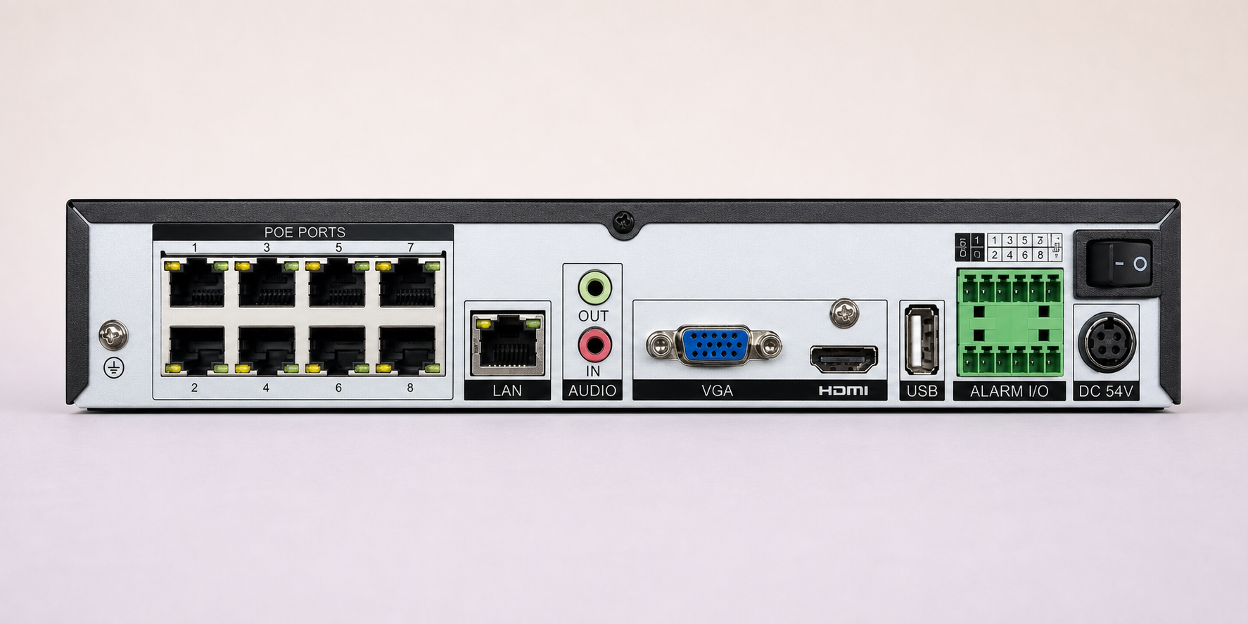 Lorex Connect XC 8-channel NVR rear panel with eight PoE ports and separate LAN and I/O connections