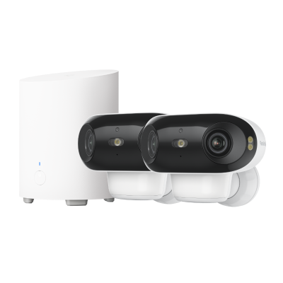Two white Reolink Argus 4 Pro cameras with Home Hub Mini without SD card