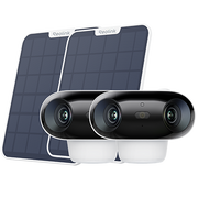 Two white Reolink Argus 4 Pro cameras with two white Solar Panel 2 panels
