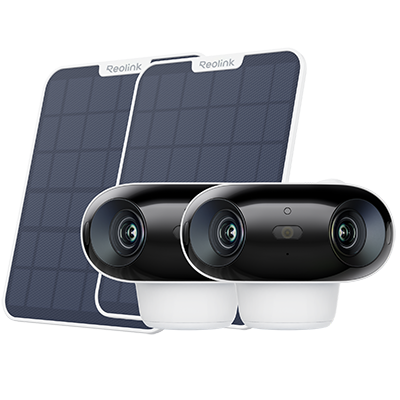 Two white Reolink Argus 4 Pro cameras with two white Solar Panel 2 panels
