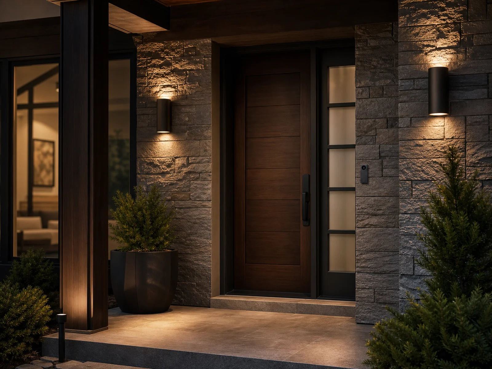 Video doorbell installed beside a warmly lit modern front door.