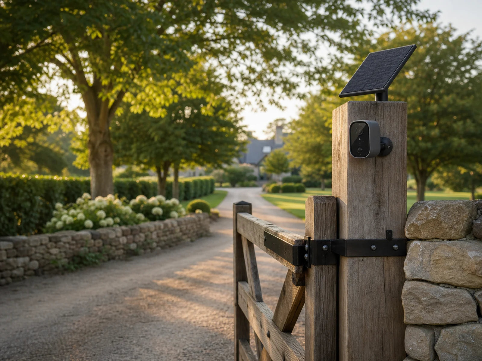 Solar security camera mounted at a quiet rural property entrance.