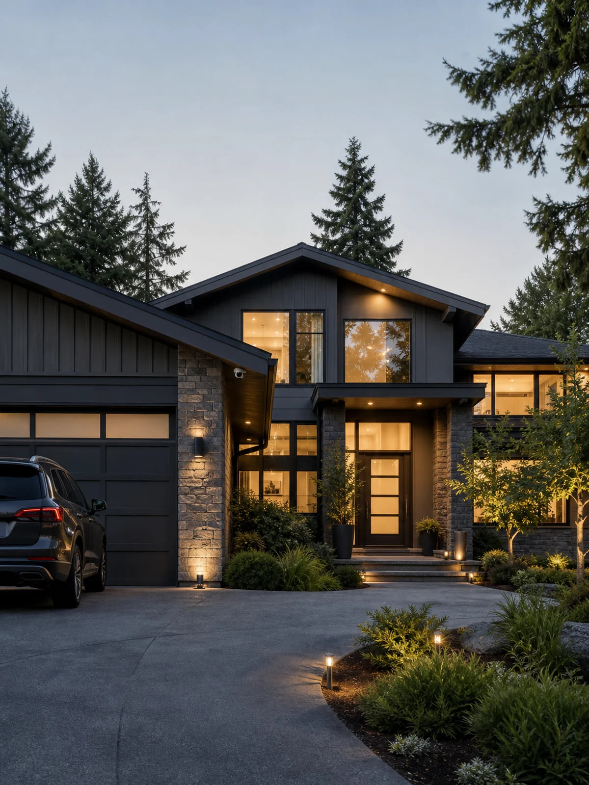 Modern home with a camera overlooking the entrance and driveway.